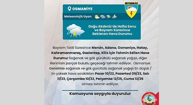 Osmaniye İçin Sağanak Yağış Uyarısı