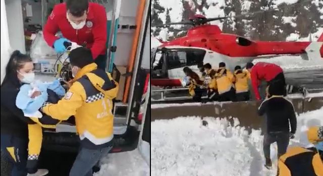 Ambulans helikopter, karda mahsur kalan yeni doğan bebek için havalandı
