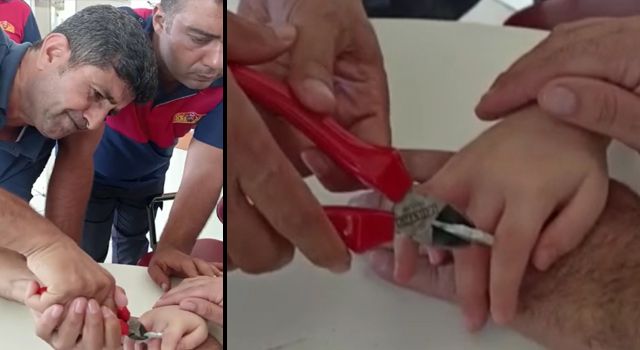 Parmağı plastik kitaplığa sıkışan çocuğu, itfaiye kurtardı