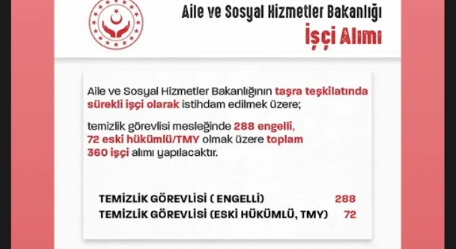 Aile ve Sosyal Politikalar Müdürlüğü'ne 360 İşçi Alınacak