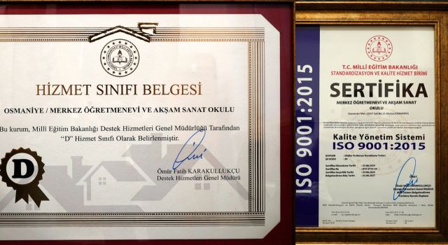Osmaniye Öğretmenevi’ne D sınıfı hizmet ve kalite belgesi verildi