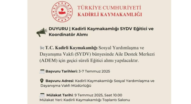Kadirli SYDV, ADEM Projesi İçin Eğitici ve Koordinatör Alacak
