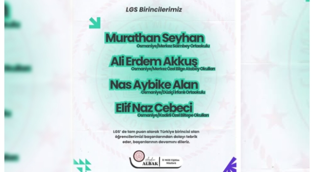 Osmaniye’den LGS’de 4 Türkiye Birincisi Çıktı