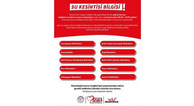 Kadirli Belediyesi Duyurdu: Cumartesi Günü Su Kesintisi Yaşanacak